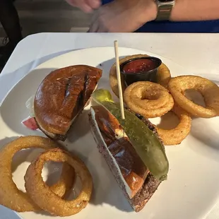 Onion rings and burger