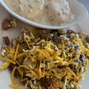 Hobo scramble with biscuits and gravy