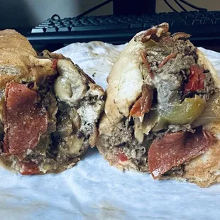 Large Steak and Cheese - Cooked Onion - Cooked Peppers  - Light Ketchup and Mayonnaise  - Pepperoni  - Becon  - Mushroom