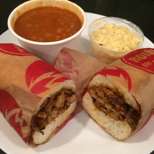 Chicken sandwich with baked beans and Mac n' cheese...YUM!!!