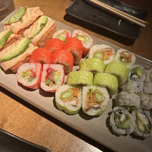 Pink Blossom Roll Mountain Dew Roll Spicy Shrimp Crunch Roll