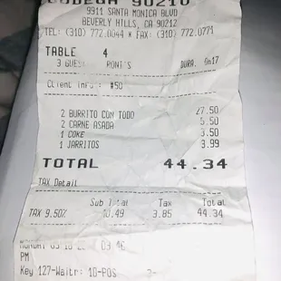 a receipt for a restaurant