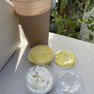 Chocolate Shake next to honey mustard + garlic aïoli for the burger and fries