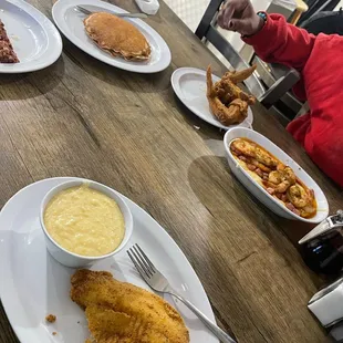 Fish and Grits, 2 Pancakes, 3 wings, Shrimp and Grits, Corned Beef Hash
