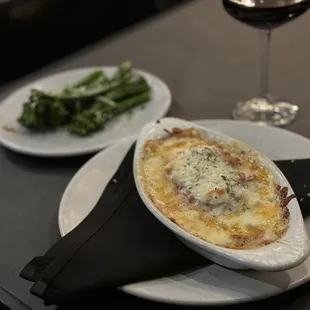 Lasagna and broccolini.