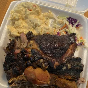Ribs, chicken, potato salad, cole slaw
