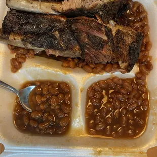 Ribs, sausage (hiding under the ribs), double baked beans