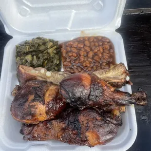 Rib and chicken dinner with collards and bake beans