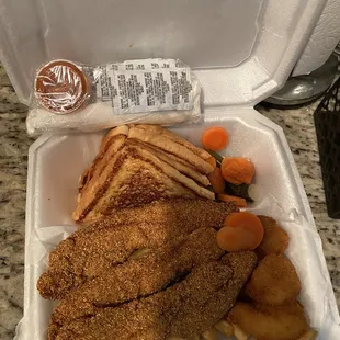 Fish, frozen shrimp and toast