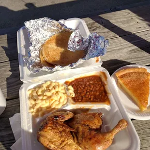Chicken Plate with Mac N Cheese, baked beans and flap jacks.