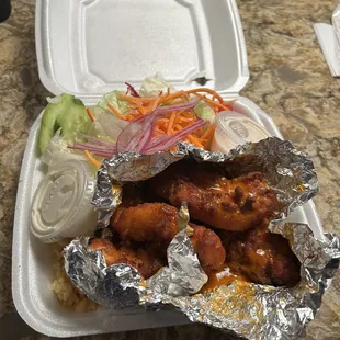 Wing Dinner - Boneless Buffalo wings with side salad and rice