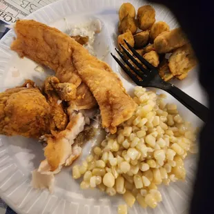 Trout, sweetcorn, okra and fried chicken,