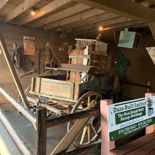 a wooden cart and a bench