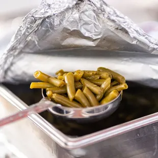 a pan of green beans