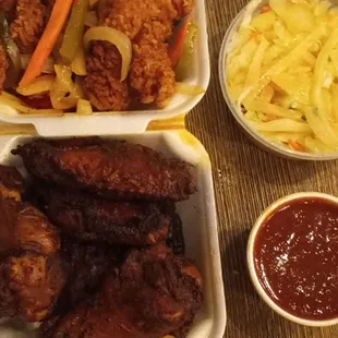 Fried fish, cabbage, jersey wings and jersey sauce.