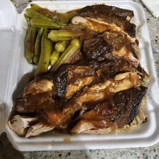 Small jerk chicken platter with okra over rice &amp; beans