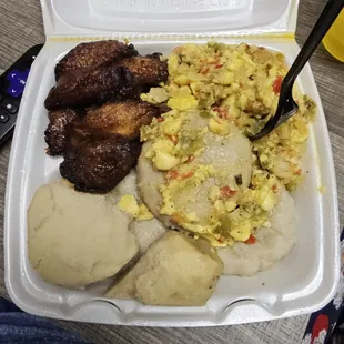 Ackee &amp; cod fish w/boiled dumpling and fried plantains