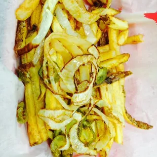 Spanish Fries - fries with fried jalapeños and onions