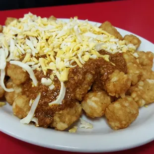 Chili cheese covered tator tots