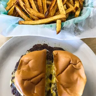 a hamburger and french fries