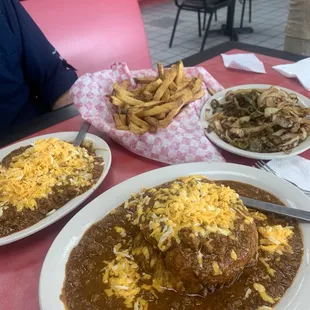 Chili 3 way, chili cheeseburger, SMALL order of fries....