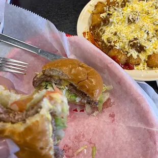 Old fashioned burger and chili cheese tots.