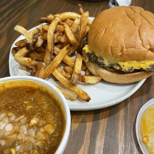 Jumbo Cheeseburger 1/5 lb. Fries and chili.