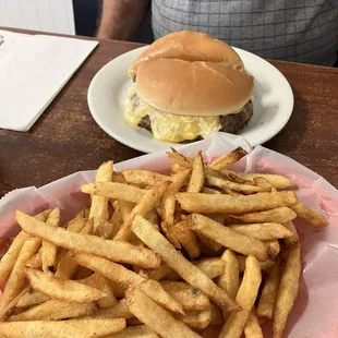 Sausage Cheeseburger and a large order of fries which will feed 2 people