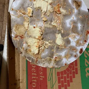 Bad Pizza stuck to the cardboard