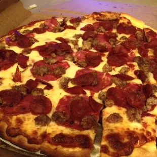 16 inch thin crust pepperoni, salami, sausage pizza