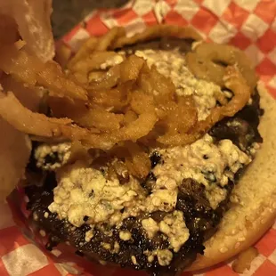 Blue cheese with friend onions burger