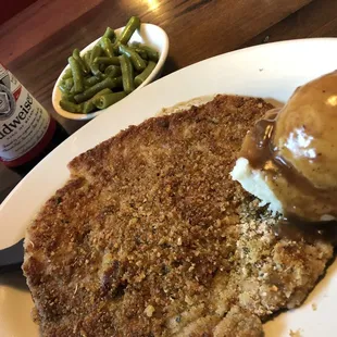 Pork Schnitzel- seasonal special, big as the plate and DELICIOUS, gravy underneath...