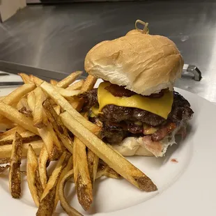 a hamburger and fries