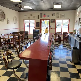 a red table and chairs