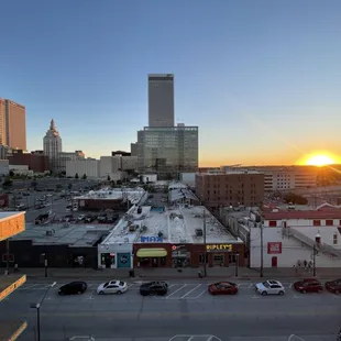 a view of a city at sunset