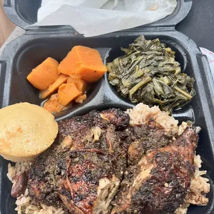 Jerk chicken greens and sweet potatoes