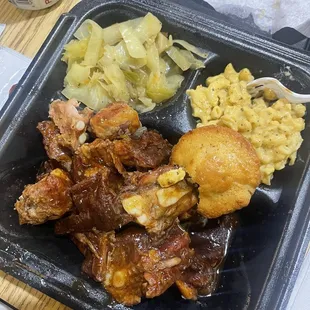 BBQ Rib Tips, Jamaican cabbage, Mac n Cheese