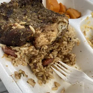 Jerk Chicken dinner plate w/ yams and mac and cheese (mac was FIRE FIRE)