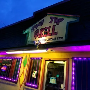 the neon lights on the building