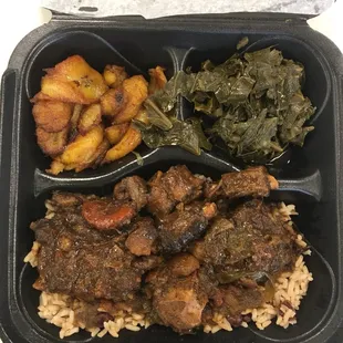 Oxtails, greens, and fired plantains.