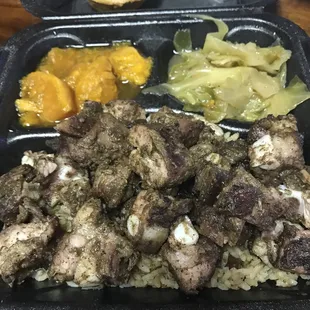 Jerk rib tips. Cabbage and sweet potatoes.