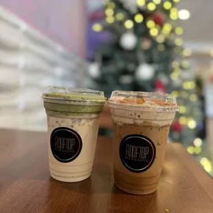 Matcha dream and biscoff latte