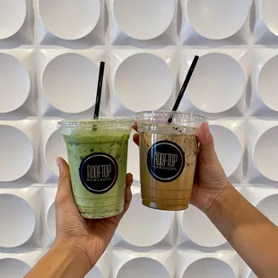 Durian matcha latte and black sesame coffee