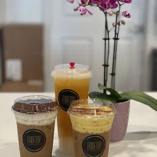 Tiramisu latte, Passionfruit Lychee Iced Tea, Original Egg Coffee