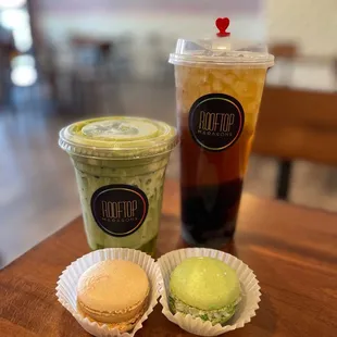 Durian Matcha Latte, Herbal Tea, salted caramel macaron, pandan coco macaron IG: erikaeatss_