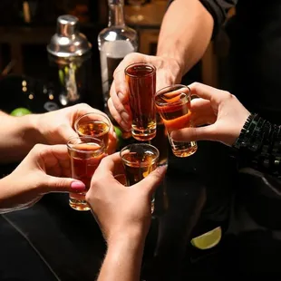 a group of people clinking glasses of alcohol