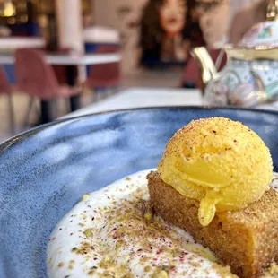 Carrot Halwa Cake - Phirni mousse, saffron ice cream, roasted pistachio.