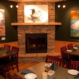 a fireplace in the background