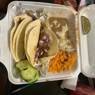 3tacos with rice and beans