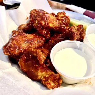 a plate of chicken wings